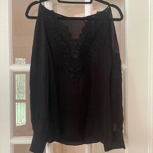 Elie Tahari Silk Black Long Sleeve Off The Shoulder Blouse w/ Lace Detail, XS
